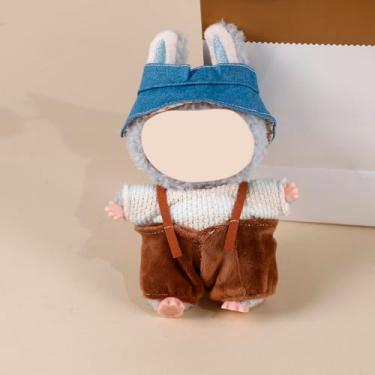 Imagem de Compatível com Labubu (sem boneca) - Conjunto de macacão de lã marrom e chapéu jeans com top de malha listrada, roupa para bonecas de pelúcia de 15 cm/17 cm (azul e marrom)