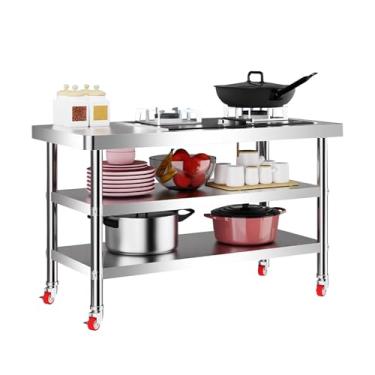 Imagem de Mesa de trabalho de aço inoxidável com 2 prateleiras mesa móvel de metal para preparação de trabalho com rodas para restaurante e casa (70 x 60 cm)