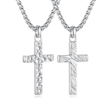 Imagem de YixNahz Colar com cruz de prata esterlina 925 para homens e mulheres, pingente de cruz martelada com corrente de rolo de aço inoxidável, crucifixo, 45 a 61 cm, joia cristã, presente para homens, 24" +