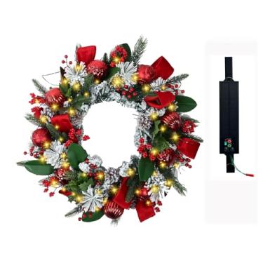 Imagem de Guirlanda de Natal solar pré-iluminada com 50 LEDs, decoração de Natal para janela da porta da frente, decoração de Natal com galhos foscos, pinhas, cachos de baga, laços de veludo vermelho, bolas de