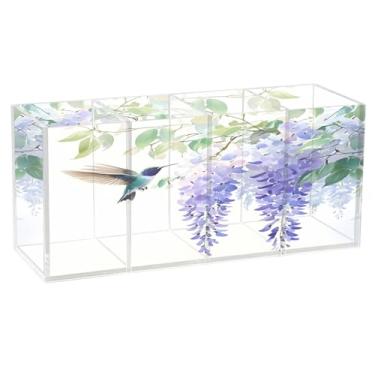 Imagem de SEHANY Lindo porta-canetas de acrílico com flores em aquarela, pássaro, 4 compartimentos, porta-lápis transparente, organizador de pincéis de maquiagem, organizador de papelaria para escritório, casa