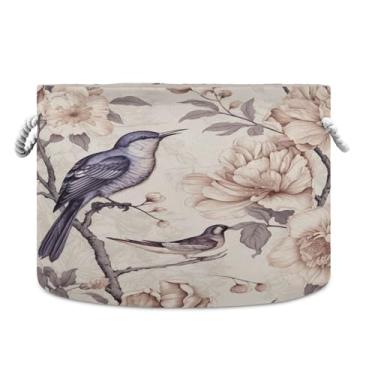 Imagem de SEHANY Cesta redonda grande de flores e pássaros com alça de corda, cesto de roupa suja de lona para armazenamento de cobertores, cesta de armazenamento de berçário infantil para quarto de banho