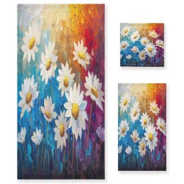 Imagem de ATTX Conjunto de toalhas de banho com pintura a óleo margaridas de 3 peças - Ultra macio e de secagem rápida, toalhas de mão absorventes de grau de hotel e spa para banheiro #693