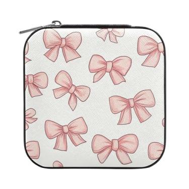 Imagem de SEHANY Caixa de joias personalizada com laço rosa para mulheres, meninas, mini estojo de joias de couro PU, organizador de joias de viagem, caixa de joias para brincos, anéis, colares, presentes para