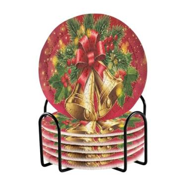 Imagem de GakkiGii Conjunto de 6 porta-copos redondos absorventes de sinos de Natal com suporte, porta-copos de tecido para mesa de centro, bar, decoração de cozinha