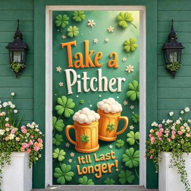 Imagem de Capa de porta do dia de São Patrício Banner Decorações Trevo Verde Trevo da Sorte Dia de São Patrício Take a Pitcher It Will Last Longer Photo Backdrop for St Patrick's Day Party Home Supplies