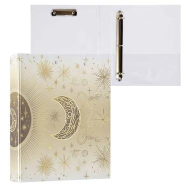 Imagem de Blueangle Fichário com 3 anéis de sol e lua dourados com prancheta e 2 bolsos - Organizador de documentos decorativos de 3 cm para escritório, suprimentos para reuniões (393)