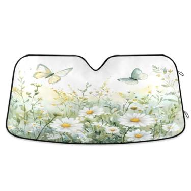 Imagem de ATTX Para-brisa de carro verde flores silvestres e borboletas 139.7 cm x 70.1 cm Protetor solar universal com proteção UV, persiana de janela frontal automática dobrável para caminhões Sedans SUVs
