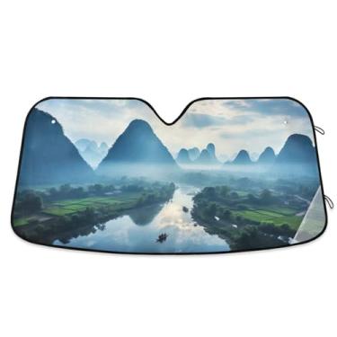 Imagem de ATTX Para-brisa de carro com paisagem de montanha 134.6 cm x 59.7 cm Escudo solar universal com proteção UV, persiana de janela frontal automática dobrável para caminhões Sedans SUVs #483