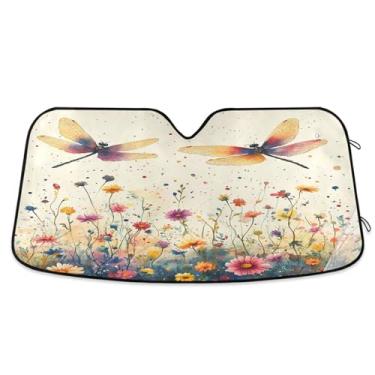 Imagem de ATTX Para-brisa de carro Dragonflies and Wildflowers 134.6 cm x 59.7 cm Protetor solar universal com proteção UV, persiana de janela frontal automática dobrável para sedãs SUVs caminhões #246