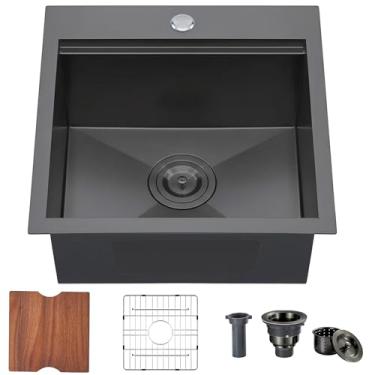 Imagem de KINGO HOME Pia de 45,7 cm para estação de trabalho de barra preta, 45,7 cm x 45,7 cm x 23 cm, pia de acampamento de cozinha pequena, pia de aço inoxidável 304 com montagem superior para uso externo