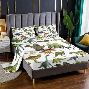Imagem de Nttopship Jogo de cama Queen com estampa de dinossauro, 4 peças, com bolsos profundos de 41 cm, decoração de quarto, 4 peças (1 lençol + 1 lençol + 2 fronhas)