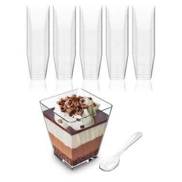 Imagem de Mini copos de sobremesa com colheres (pacote com 100) (colheres transparentes) - Copos de plástico para parfait de 142 g reutilizáveis - Copos de plástico para catering - Copos de aperitivo - Copos