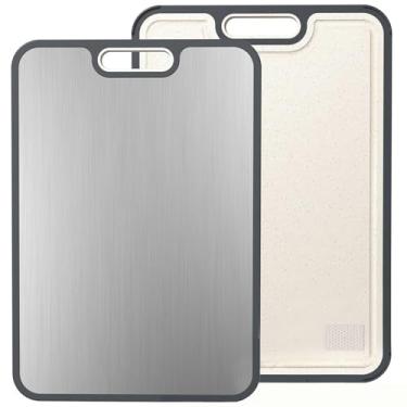 Imagem de Buzleer Tábua de corte de titânio para cozinha, tábua de corte de aço inoxidável dupla face, tábua de corte de grau alimentício, não tóxica, titânio puro e palha de trigo PP