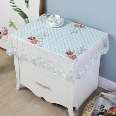 Imagem de Toalha de mesa de cabeceira retangular pequena bordada floral com acabamento em renda capa de mesa de cabeceira rústica de casa de fazenda pano de algodão para decoração de mesa de quarto - azul bebê