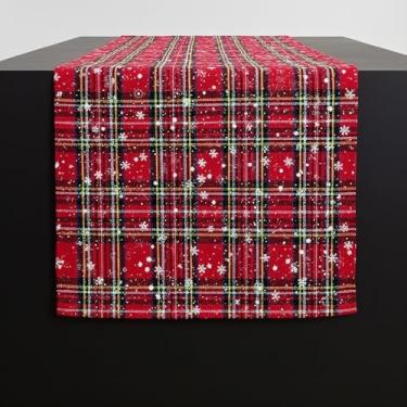 Imagem de Caminho de mesa de Natal | Decoração de mesa de férias de inverno de 177 cm - Design xadrez vermelho de floco de neve