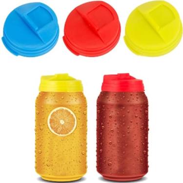 Imagem de 6 peças de tampas de plástico para latas de refrigerante, 3 cores reutilizáveis sem BPA, tampas à prova de vazamento para cerveja, refrigerante, suco (serve para latas padrão de 5 cm)