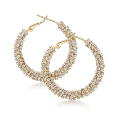 Imagem de NEOTIGER Brincos elegantes de argola grande de zircônia cúbica dourada, joias modernas para mulheres, brincos circulares brilhantes de luxo, joias de alta qualidade para banquete/festa, acessório de