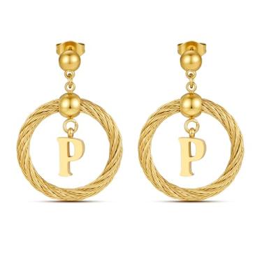 Imagem de Xiacheng Brincos de argola de ouro 18 quilates com inicial de aço inoxidável, hipoalergênicos, presentes modernos para mulheres, declaração delicada, pingente de letra A-Z, joia à prova d'água, Medium