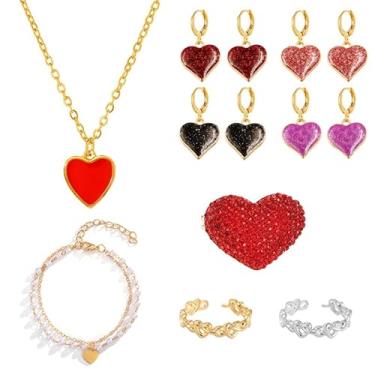 Imagem de Conjunto de 13 peças de joias de coração para mulheres lindo colar de pingente de coração vermelho brincos de argola delicado zircônia cúbica broche de coração banhado a ouro e prata anéis abertos