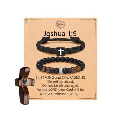 Imagem de MOZAKA 2 pulseiras de cruz para homens com cruz de madeira My Heart - Presentes religiosos cristãos ajustáveis com contas masculinas joias para aniversário, Natal, Páscoa, batismo, meias, Large, Pedra