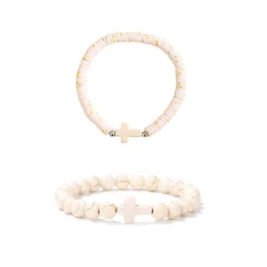 Imagem de XAM 2 peças de pulseiras coloridas feitas à mão com contas de pedra de argila para homens e mulheres, pulseira inspiradora de fé para cristãs, Páscoa, Ação de Graças, Natal, aniversário, joias, Middle