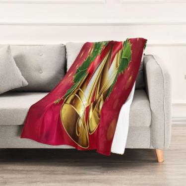 Imagem de Wassud Cobertores e mantas de Natal 152 x 228 cm cobertor de sinos de Natal para sofá, cobertores quentes aconchegantes de lã de pelúcia para cama, sofá, cadeira, decoração de casa