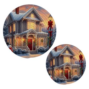 Imagem de Wassud Conjunto de trivet casa na neve para pratos quentes, suportes redondos de panela, almofadas quentes de algodão, porta-copos resistentes ao calor para decoração de cozinha, bancada, 2 peças