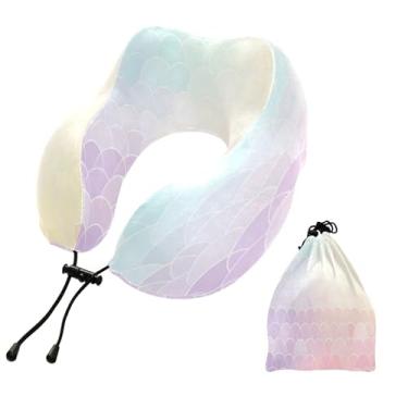 Imagem de CEBUGI Travesseiros de viagem portáteis em forma de U, travesseiro de pescoço de espuma viscoelástica com trava de corda ajustável para avião, viagem, trem, negócios, escritório, soneca (escala