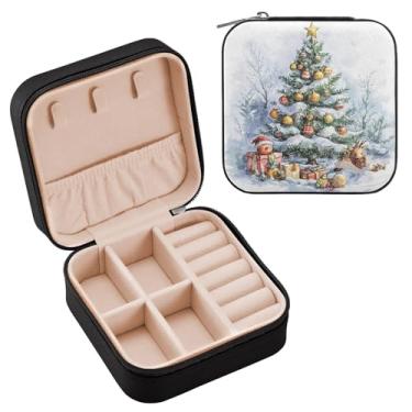 Imagem de Wassud Caixa de joias de viagem para árvore de Natal em aquarela para mulheres, meninas, senhoras, noiva, mini organizador de joias de couro PU, caixa quadrada de armazenamento de joias para brincos