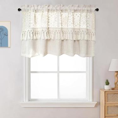 Imagem de Sanefas rústicas de renda de crochê para janelas, bolso de haste, boho, com borlas para sala de jantar, sala de estar, fazenda, renda, transparente, para cozinha, café, 1 painel (L99 C 50 cm, bege)