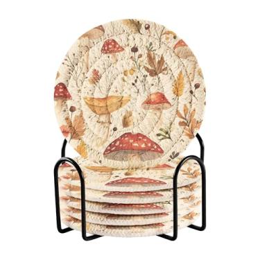 Imagem de SEHANY Conjunto de 6 porta-copos de cogumelos florestais com suporte, porta-copos redondos absorventes de algodão resistente ao calor para mesa de jantar, canecas de café, 10 cm
