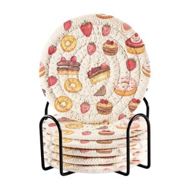 Imagem de SEHANY Conjunto de 6 porta-copos de sobremesa fofos com suporte, porta-copos redondos absorventes de algodão resistente ao calor para mesa de jantar, canecas de café, proteção de copos, 10 cm