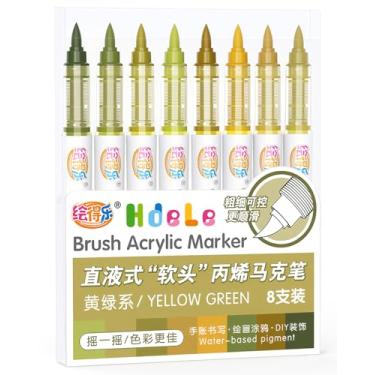 Imagem de Guangna Marcadores de tinta acrílica verde amarela, canetas de tinta acrílica com ponta de pincel para pintura de abóbora, arte de Natal, pintura rupestre, madeira, vidro, cerâmica, tela, pedra