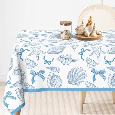 Imagem de FYSUIMU Toalha de mesa com laço oceano, 152 x 264 cm, laço azul, estrela do mar, retangular, capa de mesa para verão, aniversário, chá de bebê, festa, piquenique, jantar, decoração