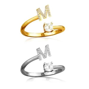 Imagem de ABJFJE Anéis femininos ajustáveis com letras prateadas douradas delicadas zircão cristal inicial empilhável anel moderno joia exclusiva presente 2 peças, Latão, Cristal