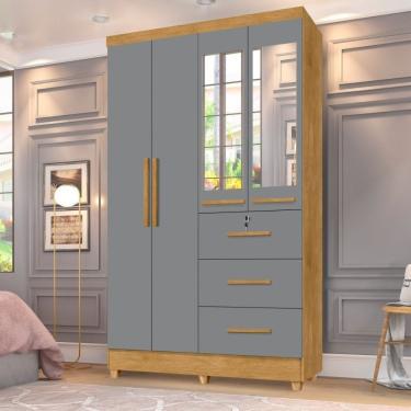 Imagem de Guarda Roupa Solteiro Com Espelho 4 Portas 3 Gavetas Tokio Nature/Cinza