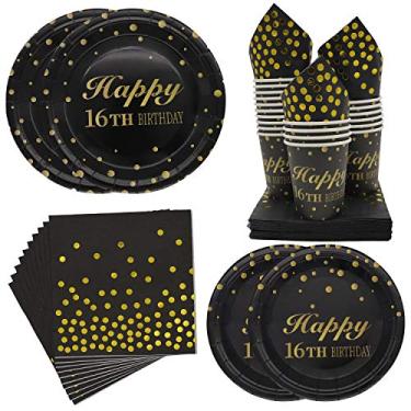 Imagem de Conjunto de suprimentos de festa Pandecor 184 peças, inclui pratos de jantar, pratos de salada, copos, guardanapos, garfos, facas, colheres, canudos, balões e capa de mesa, Dourado