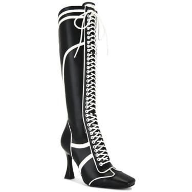 Imagem de Greemarliy Elegante bota de cano alto de salto alto preto e branco, Preto, 38