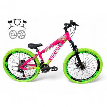 Imagem de Bicicleta Aro 26 Vikingx Tuff Freio Hidráulico 21v Freeride Rodas Vmaxx Suspensão Pneu Flame rosa-Verde X25