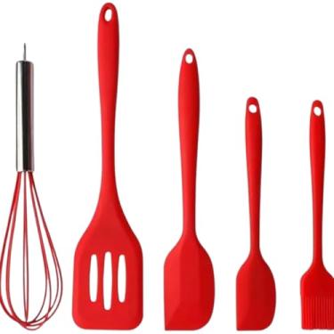 Imagem de Kit Utensílios de Cozinha de Silicone, 5 Peças, Resistente ao Calor, Vermelho e Preto Sortido, Inclui Pincel, Batedor, Espátulas