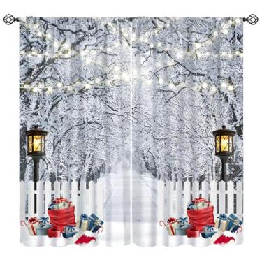 Imagem de Cortina de janela de cenário de inverno, paisagem de floresta de floco de neve do país das maravilhas cortinas de Natal para casa, quarto, sala de estar, 107 cm L x 114 cm C (sem apagão)