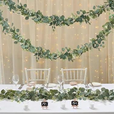 Imagem de 177,8 cm Folhas artificiais de eucalipto, guirlanda de vegetação, trepadeiras artificiais de primavera com flores brancas para decoração de festa de casamento no pátio (#01)