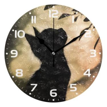 Imagem de JUZIHAI Relógio de parede com silhueta de gatinho, silencioso, sem tique-taque, redondo, operado por bateria, fácil de ler, relógio decorativo de parede para casa, cozinha, sala de estar, quarto