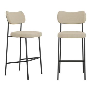 Imagem de Kit 02 Banquetas Altas Para Cozinha Lila Estofada Com Encosto Linho Bege - Desk Design