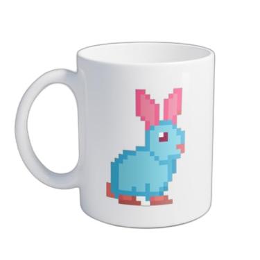 Imagem de Caneca Xícara de Café Porcelana 300ml Coelho Azul com Orelhas Rosas Pixel Art