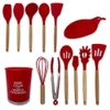 Imagem de Kit Utensílios de Cozinha Silicone 13 Peças, Cabo em Madeira MDF, Preto, Aço Inox, Livre de BPA, Suporta até 230ºC, com Suporte Porta Kit