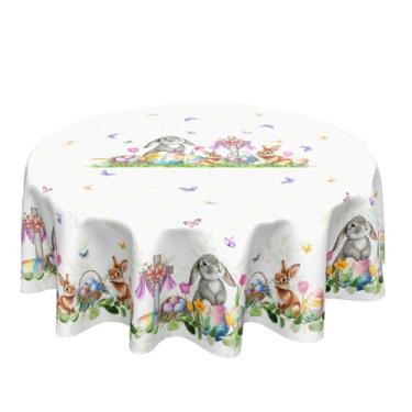 Imagem de Ancordivo Toalha de mesa redonda de Páscoa, 178 cm, coelhinho, ovo, floral, borboleta, primavera, férias, decorativa, toalha de mesa rústica, para festa, cozinha, jantar, decoração de casa