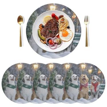 Imagem de Jogo americano de cozinha alegre para cães de Natal, conjunto de 6, 38 cm, resistente ao calor, tapetes de mesa circulares de PVC, para mesa de jantar, mesa de cozinha