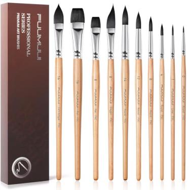 Imagem de Conjunto de pincéis para aquarela, 10 pincéis profissionais de esquilo sintético Fuumuui para artistas – planos, pontiagos, punhais, língua de gatos oval